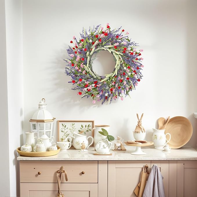 26 Inch Lavender Wreath Summer Spring Wreaths for Front Door Wreaths for Front Door for Wedding Farmhouse (Red Pink Lavender)