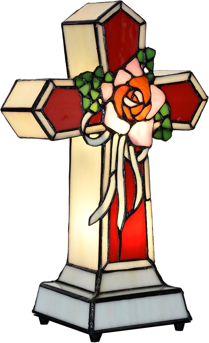 Bieye L10935 Christian Cross Tiffany Style Stained Glass Accent Table Lamp Night Light for Home Décor (Rose)