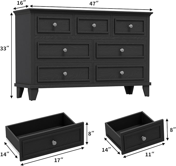 GarveeHome Black Dresser for Bedroom, 7 Drawer Dresser, Wooden Chest of Drawers with Deep Drawers, 47 in Long Dressers TV Stand, Modern Dressers Organizer with Vintage Handle for Living Room, Hallway