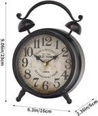 Vintage Dark Brown Desk Clock, Decorative Table Clock with Bell Top, Silent Non-Ticking Mantel Clock for Living Room or Bedroom, Wood Dial, Battery Operated