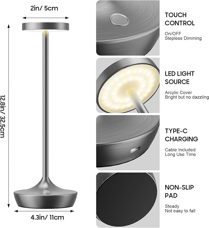 LED Cordless Table Lamp Rechargeable，Outdoor Battery Operated Desk Lamp Touch 3 Color Dimming Portable Waterproof Night Light for Patio/Restaurant/Dining/Home（Chrome