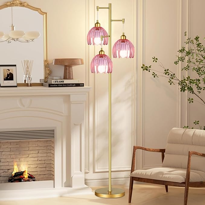 Gold Floor Lamps for Living Room Bedroom-3 Light Vintage Floor Lamp with Glass Lampshape & Three Bulbs,Mid Century Modern Standing Lamp Tall Tree Flower Floor Lamps for Bedroom Living Room,Corner