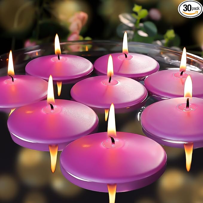 3 inch Purple Floating Candles 8-9 Hours Floating Candle for Centerpieces 30 Packs Unscented Floating Candles 3” Water Candles for Cylinder Vases, Pool, Wedding