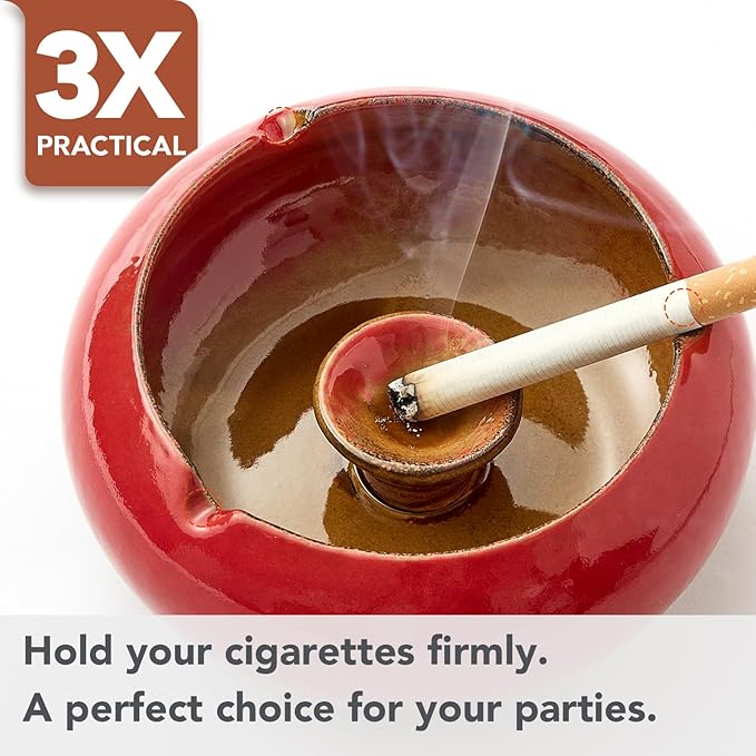 Ashtray with Lid for Outside Patio, Windproof Ash tray, Ceramic Smokeless Ashtray for Outdoor Home Office Tabletop Patio Outdoor Balcony, Red