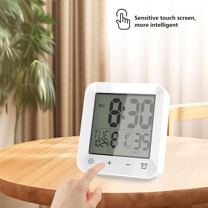 Houkiper Shower Clock Waterproof Bathroom Timer, Digital Shower Timer with Countdown, Suction Cup Clock, LCD Display, Temperature Gauge Wall Clock Touch Screen Waterproof Clock for Bathroom, White