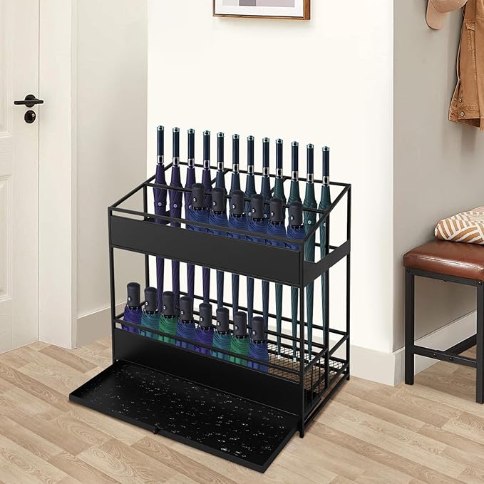 Commercial Metal Umbrella Holder Umbrella Stand with Drip Tray Entrance Umbrella Organizer Large Capacity Umbrella Rack for Home, Office, Apartment, Hotel (Black, 26.8 * 12.6 * 27.6in)