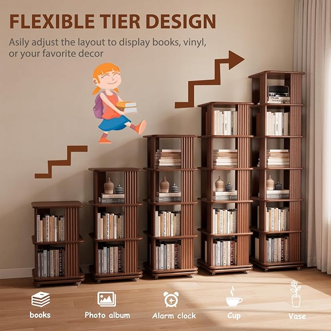 Solid Wood Rotating Bookshelf, 6-Tier Rolling Book Shelf，360 Degree Revolving Bookcase，Spinning Bookshelf Tower for Small Spaces, Corner, Bedroom，Office，Living Room，Classroom （Walnut）