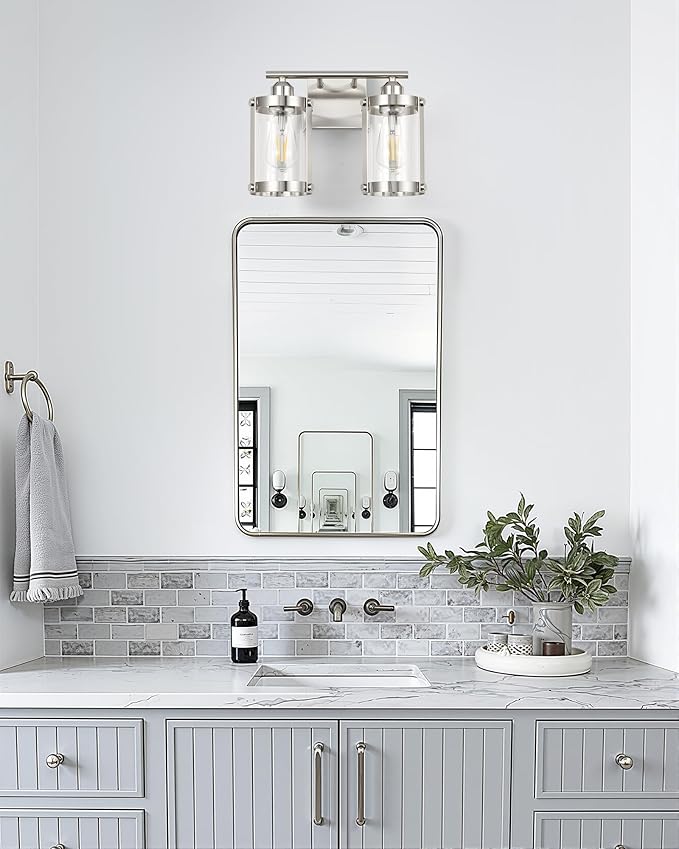2-Light Brushed Nickel Bathroom Light Fixtures, 13.8 Inch Modern Bathroom Vanity Lighting Fixtures Over Mirror with Clear Glass and Metal Cage Wall Sconce Lights for Bath, E26, OS-3014BN-2W