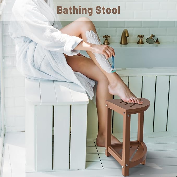 Shower Stool for Inside Shower, Corner Shower Bench Seat, HDPE Waterproof Shower Stool for Shaving Legs with Baffle Storage Shelf, Shower Seat/Foot Rest for Bathroom, Indoor/Outdoor Use, Teak