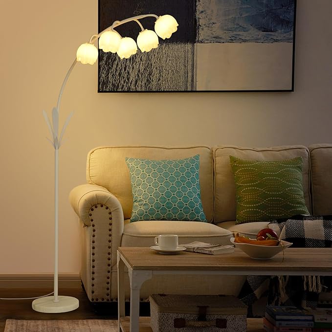 HMVPL White Floral Floor Lamp, Cute Flower Standing Lamp for Bedroom, Modern Tall Lamp with 5 G9 LED Bulbs, Foot Switch, Acrylic Shade, Curved Floor Lamp for Living Room Corner Bedside Kids Home Decor