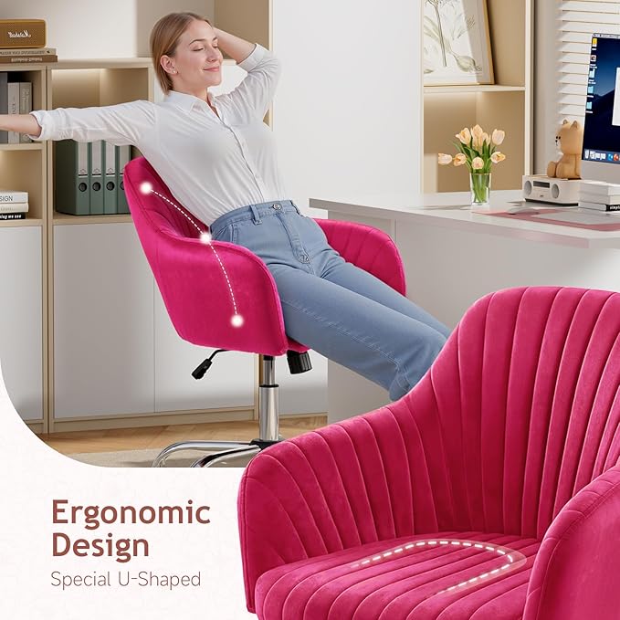 Warmiehomy Velvet Desk Chair for Home Office, Modern Adjustable Swivel Task Chair, Women Vanity Chairs with Arm Rest for Bedroom Dressing Room, Barbie Pink