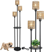 Boho Floor Lamp with Shelves, 3-Lights Farmhouse Tall Floor Lamp with ON/Off Foot Switch, Rustic Standing Lamp with Rattan Shades for Living Room Bedroom Office