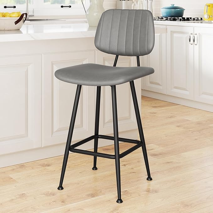 24-Inch Leather Bar Stools, Counter Height Barstools with High Backrest，Bar Chairs for Kitchen Island with Heavy Duty Metal Base, Gray