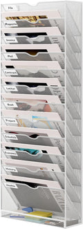 13 Tier Hanging Wall File Holder, Metal A4 Wall Mounted Document Holder, Vertical Hanging Mail Organizer, Magazine Storage Rack with Tray for Office Home Classroom, White