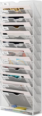13 Tier Hanging Wall File Holder, Metal A4 Wall Mounted Document Holder, Vertical Hanging Mail Organizer, Magazine Storage Rack with Tray for Office Home Classroom, White
