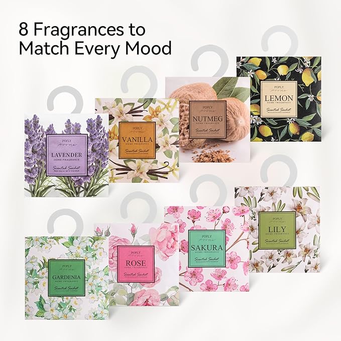 12 Pack Large Rose Scented Sachets – Hanging Closet & Drawer Deodorizer & Air Freshener, Long-Lasting Aroma