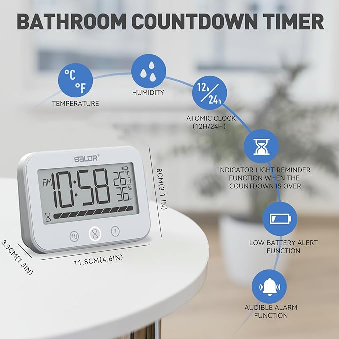 Digital LCD Waterproof Timer Shower Clock, Waterproof for Water Spray, Bathroom Clock Wall Mount, Two Suction Cup, Displays Time, Temperature, and Indoor Relative Humidity (1, White)