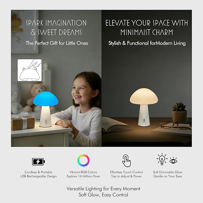 Rechargeable Touch Mushroom Table Lamp – Cordless RGB Lamp for Bedroom, Nightstand, Side Table – 3 Color Temperatures + RGB + Dimming + Type-C Charging