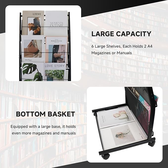 Floor-Standing Magazine Rack 6-Layer with Wheels, Brochure Display Stand for Exhibitions, Office, and Any Organization Requiring Information Display