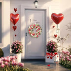 22 Inch Valentine‘s Day Wreath - Tulip Wreath for Front Door, Artificial Tulip Flower Wreaths with Green Leaves, Spring Summer Holiday Front Door Decor, Welcome Wall Hanging