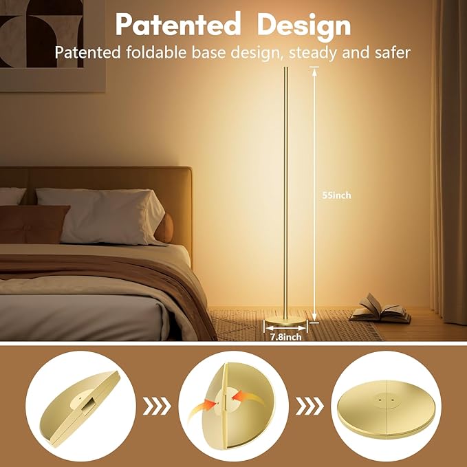 luckystyle Smart RGB Corner Floor Lamp,Bright LED Tall Modern Floor Lamp with APP and Remote,Ambient Lighting Color Changing Standing Lamps with Music Mode and Timing for Living Room,Bedroom Gold