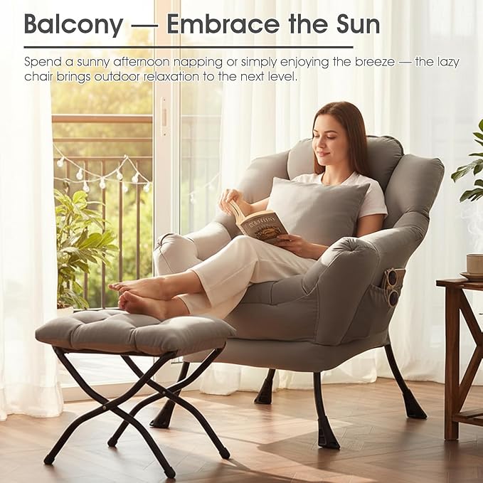Lazy Chair with Ottoman, Large Lounge Accent Chair with Ottoman and a Throw Pillow, Dark Grey Reading Chair for Living Room Bedroom Dorm Room Office Apartment Relaxing Use