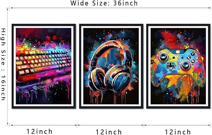 Novatique 3Pcs Cool Gaming Wall Art Graffiti Gamepad Headphone Canvas Prints Colorful Video Gamer Watercolor Posters for Boy Room,12" x 16" x 3Pcs