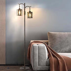 Industrial,Vintage Dimmable Floor Lamp,2 Classical Lanterns Standing Lamp, Rustic Farmhouse Floor Lamp with Bronze Gold Finish, for Living Room Bedroom (Bronze)
