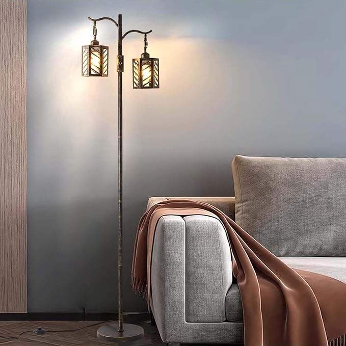 Industrial,Vintage Dimmable Floor Lamp,2 Classical Lanterns Standing Lamp, Rustic Farmhouse Floor Lamp with Bronze Gold Finish, for Living Room Bedroom (Bronze)