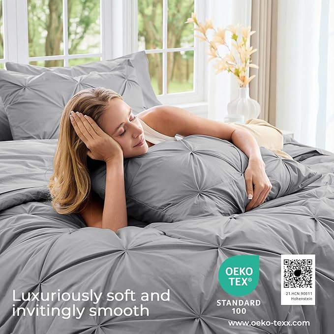 Sasttie California King Comforter Set, 7-Piece Bed in a Bag, Pintuck Bedding Sets for All Season, Includes Comforter, Flat Sheet, Fitted Sheet, Pillowcases and Pillowshams, Light Grey