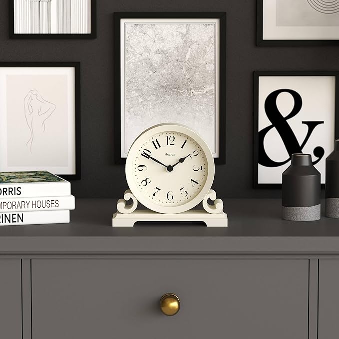 JONES CLOCKS® Saloon Mantel Clock | Traditional Double Scroll Design | Pale Cream | Contemporary Classic Style for Desk, Table, Shelf or Bedside