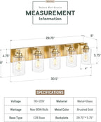 5-Light Bathroom Light Fixtures, 30 Inch Brushed Gold Vanity Light with Cylinder Clear Glass Shade, Modern Vanity Lighting Fixtures Over Mirror, VL143-BG-5