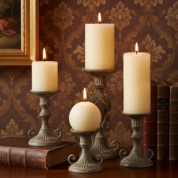 Ivory Rustic Textured Pillar Candles Set - 4 Pcs Assorted Sizes Unscented Pillar Candle, Decorative Farmhouse Candles for Home Centerpiece Decor, Holiday Dinner Table, Dripless & Smokeless