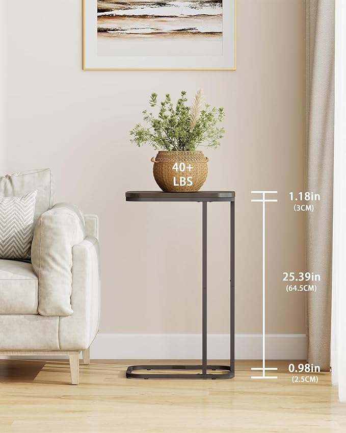 C Shaped End Table, 27 Inches High Small Side Table for Sofa and Bed, Couch Table Slides Under, Tall Tv Tray Table for Living Room, Bedroom, Metal Frame, Black Oak