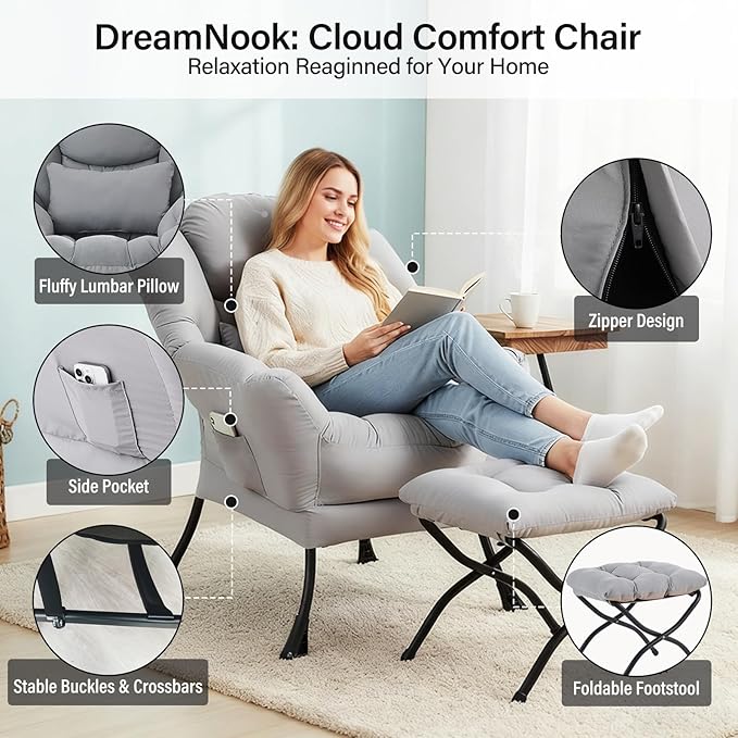 Lazy Chair with Ottoman, Modern Accent Chair with Lumbar Pillow, Grey Sofa, Lounge Chairs with Folding Footrest, Oversized Supportive Chairs for Bedroom, Reading