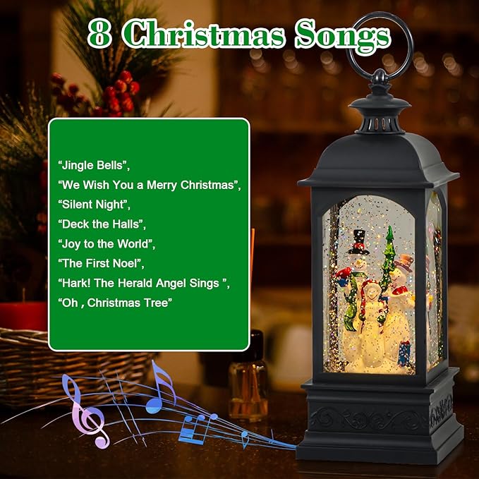 Eldnacele Snowman Music Snow Globe Lantern with 6 Hour Timer, Battery Operated & USB Powered Singing Lighted Lamp Swirling Water Glittering Christmas Decoration Holiday Decor Lantern