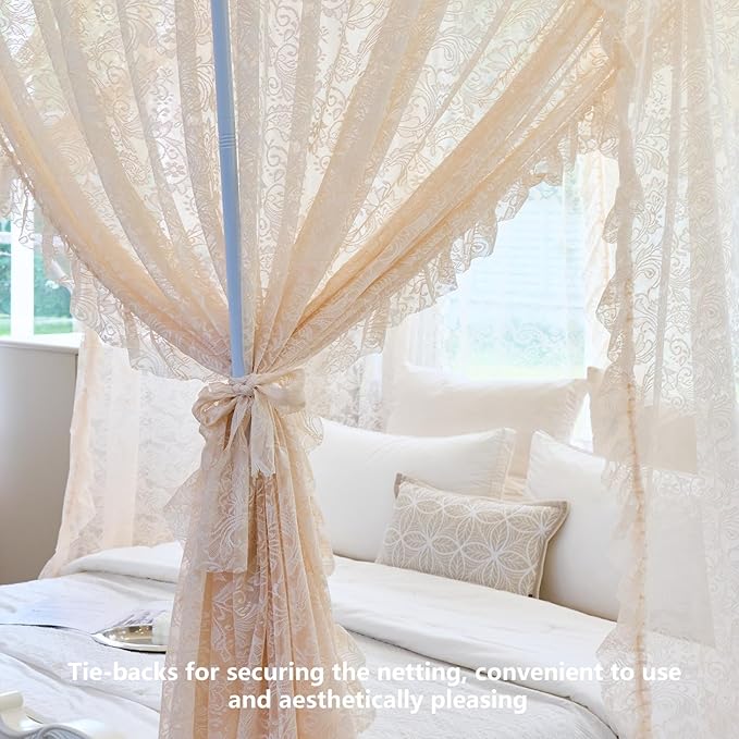 AIKASY Elegant Lace Princess 4-Poster Bed Canopy Mosquito Net - Romantic Wedding Bridal Bedroom Decor, Kids Room Bed Curtain for Women Adults - (Cream-1,Full)