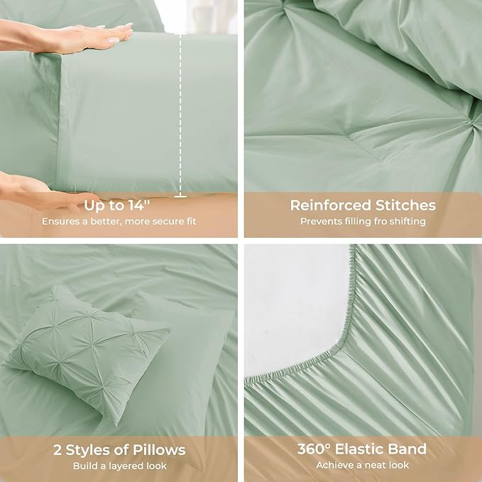 Sasttie Queen Comforter Set, 7-Piece Bed in a Bag, Pintuck Bedding Set for All Season, Includes Comforter, Flat Sheet, Fitted Sheet, Pillowcases and Pillowshams, Sage
