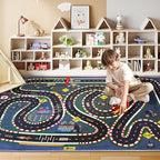 Kids Rug,Children's Room Rug,Road Race Play Rugs, Rail City Living Rugs, Washable Non-Slip Play Mats. (Dark Blue, 39x59in)