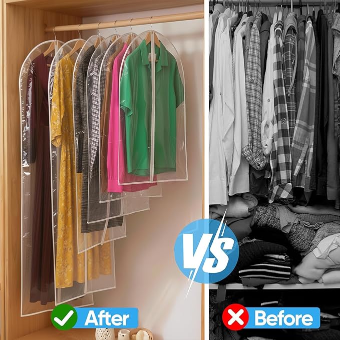 All Clear Garment Bags for Travel - 48” PEVA Waterproof Suit Cover with Zipper for Hanging Clothes, long dress - Durable Dresser for Closet Storage, Dustproof & Moisture Resistant - 48”/12 Pack