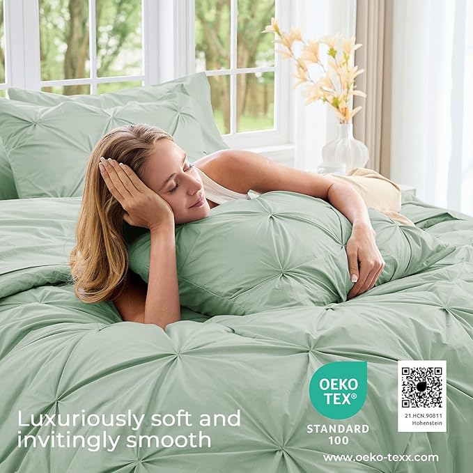Sasttie Full Size Comforter Set, 7-Piece Bed in a Bag, Pintuck Bedding Sets for All Season, Includes Comforter, Flat Sheet, Fitted Sheet, Pillowcases and Pillowshams, Sage