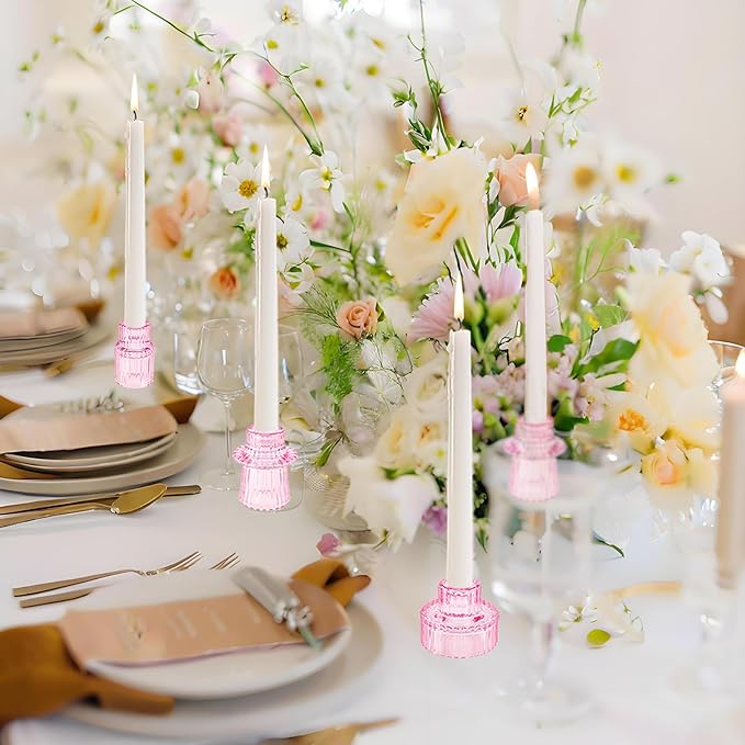 Double Sided Vintage Ribbed Taper Glass Candle Holders,Tea Candle Holder for Table Centerpieces, Wedding Decorations and Dinner Parties (Pink, 6 PCS)