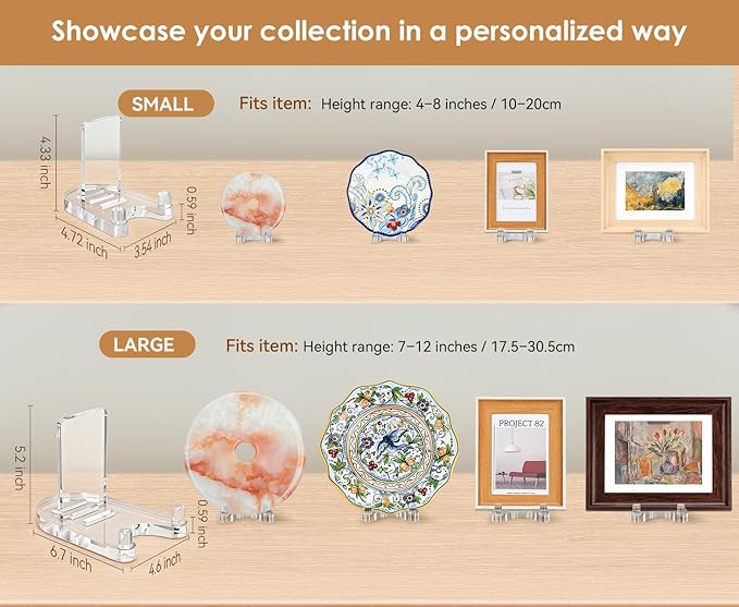 Acrylic Easel Display，Plate Stand for Display，Adjustable Clear Display Holder for 4" to 8" Platter, Book, Card, Frame, Picture, Artwork, Plaque ( Small-1pc 4"-8")