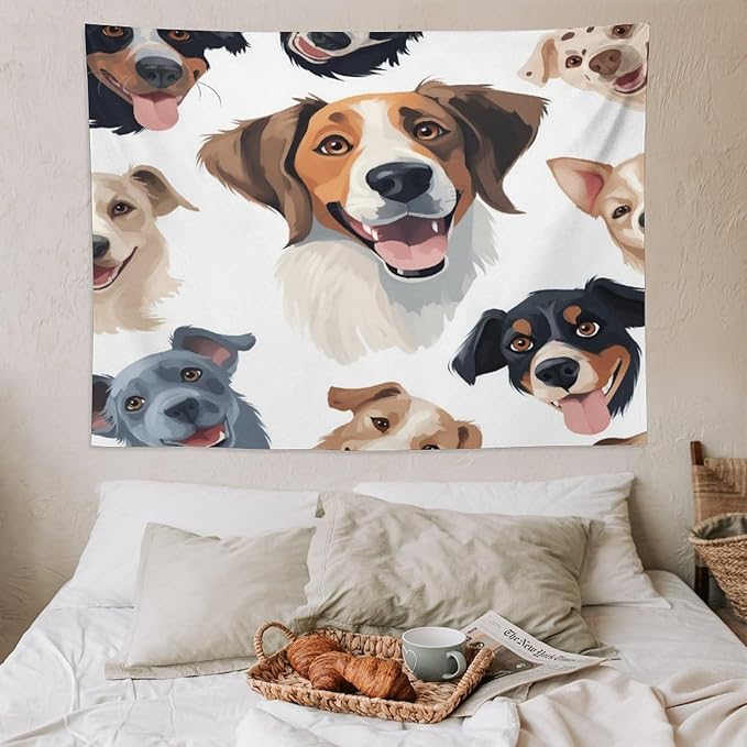 VUMIVI Cartoon Dog Tapestry Black & White Pet Dog Heads Cute Illustration Modern Creative Design Tapestry Wall Hanging for Living Room Bedroom Dorm Classroom Aesthetic Decor W80xL60in