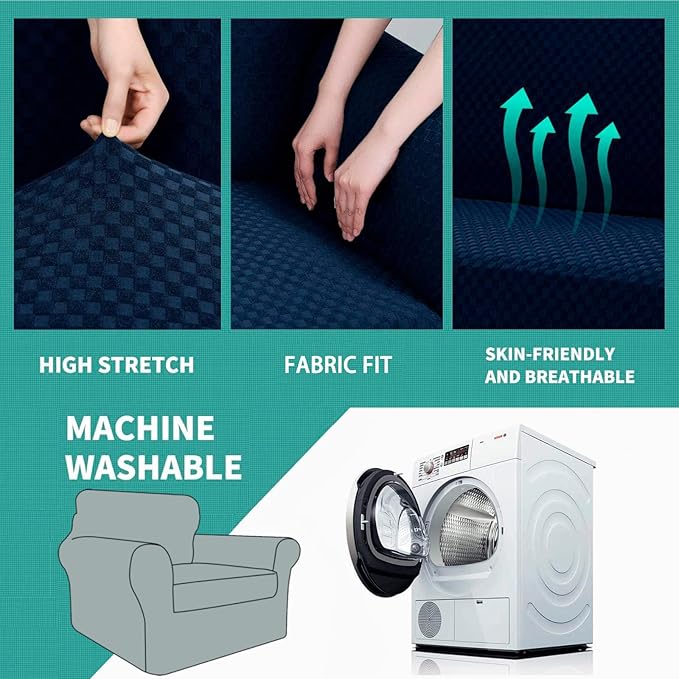 YEMYHOM Latest Checkered 2 Pieces Chair Covers for Living Room High Stretch Thickened Chair Slipcovers with Arms Anti Slip Elastic Armchair Sofa Couch Slipcover Protector (Navy), 31"-46"(1 Cushion)
