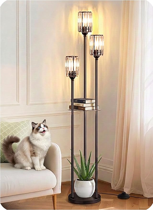 Crystal Floor Lamps for Living Room, Glass Modern Floor Lamp with Shelves, Mid Century Standing Lamps with Table, Brass Tall Lamp with Crystal Shade Vintage Retro Corner Floor Lamp (Black)
