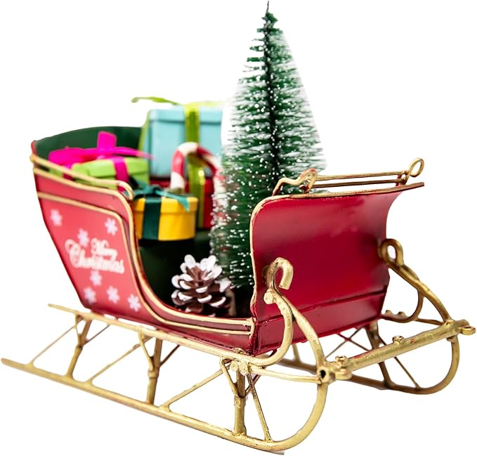Berfutall-Red Santa Sleigh Christmas Decor for Table Top Holiday Home Decorations Decoration with Rustic Charm (G)