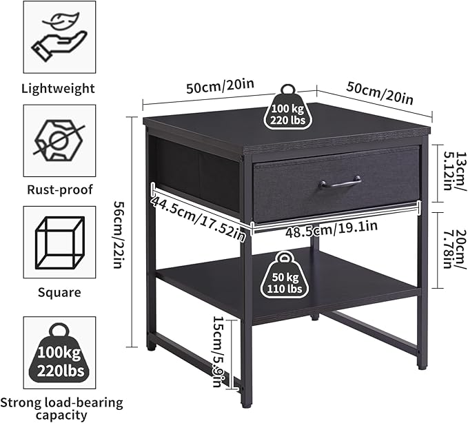 Adjustable Side Table with Drawers, Refrigerator Table,Square Coffee Table, Large Printer Stand, End Table Black YD-TM156B