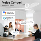 52” Wood Smart Flush Mount Ceiling Fans with Lights and Remote,Quiet DC Motor,Outdoor Indoor Ultra Low Profile Ceiling Fan works with Alexa WIFI APP,Modern White Ceiling Fan for Bedroom Patio