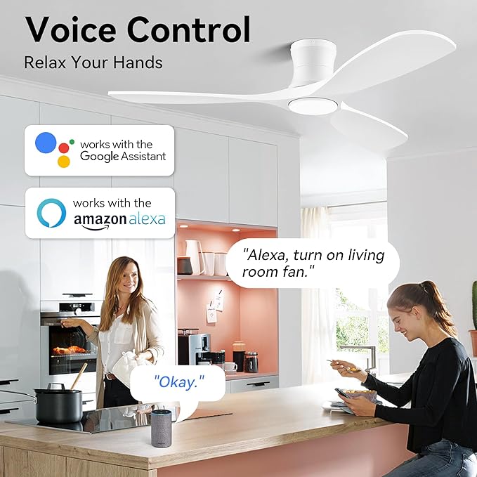 52” Wood Smart Flush Mount Ceiling Fans with Lights and Remote,Quiet DC Motor,Outdoor Indoor Ultra Low Profile Ceiling Fan works with Alexa WIFI APP,Modern White Ceiling Fan for Bedroom Patio